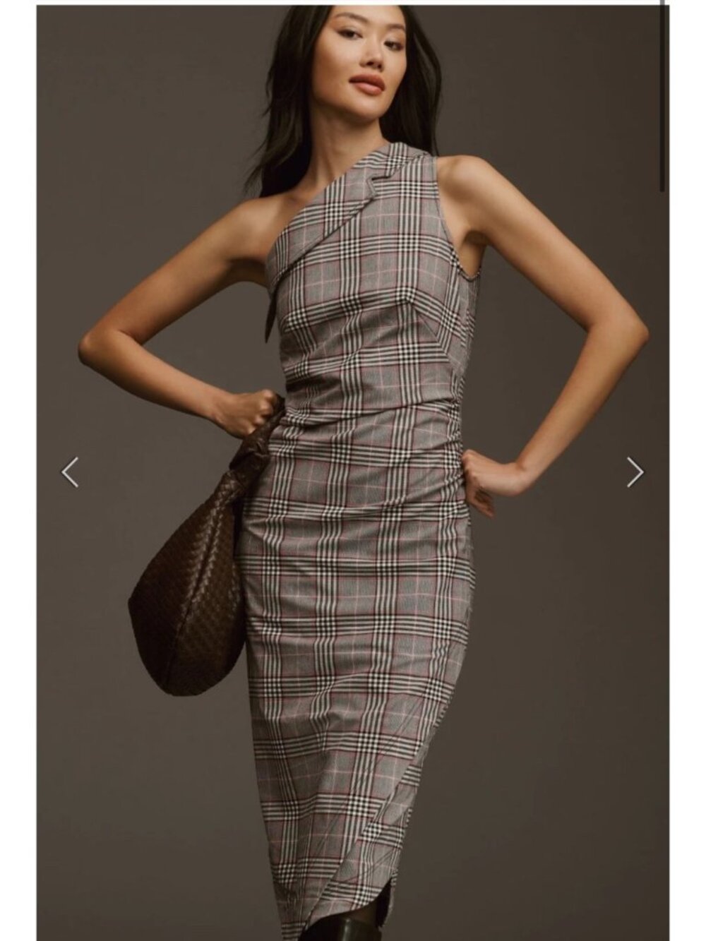NEW Anthropologie Maeve One-Shoulder Plaid Asymmetrical Bodycon Layer Midi Dress